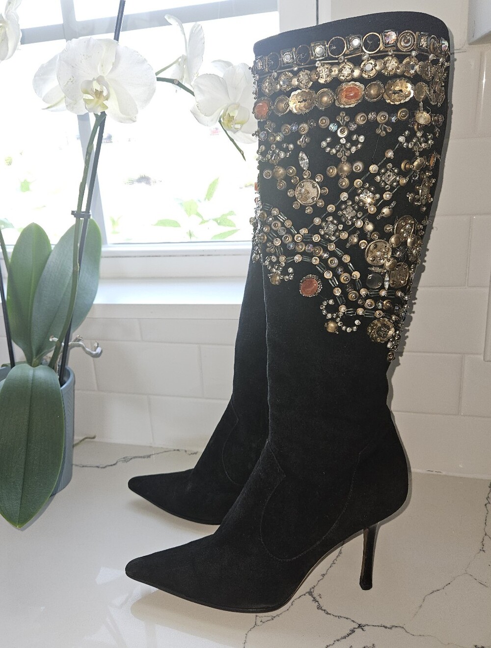 Oscar de la Renta Black Suede Knee-High Embellished Stiletto Boots